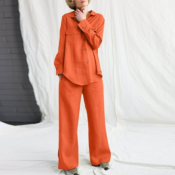 Camisa Conjunto a juego de 2 piezas para damas Top elegante y pantalón de cintura alta Ropa diaria suelta sólida Cgtredaw Naranja M para Mujer