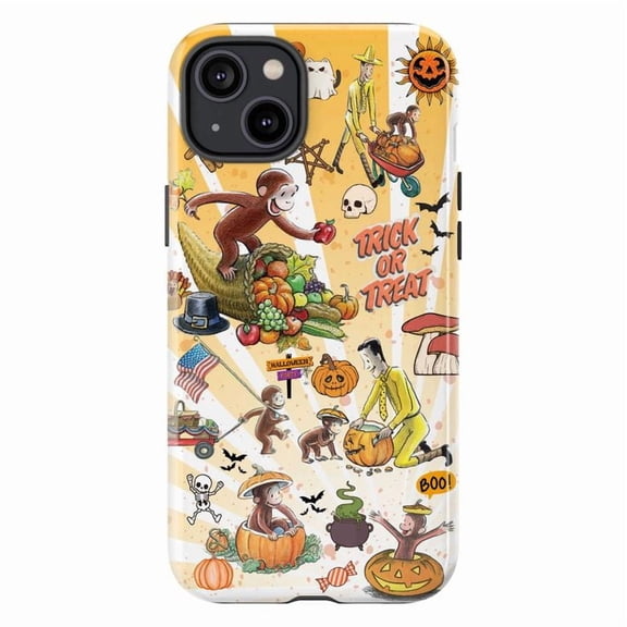 Curious Monkey Halloween Phone Case, Autumn Harvest Trick or Treat iPhone Cover, Whimsical Fall Cartoon Protective Case for iPhone 16 15 14 13 12 11 Plus Pro Max Mini – Warm Yellow Variant