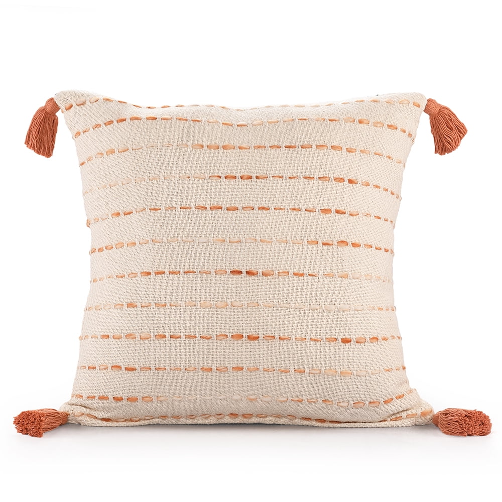 Ox Bay Top Variegated Stripe Cotton Blend Handmade Throw Pillow with Tassels, 20" x 20"