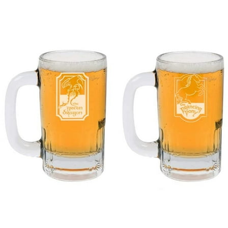 12oz Beer Mug Stein Glass Set of 2 The Prancing Pony and The Green Dragon