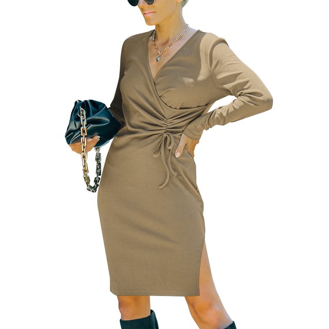 Vestido elástico estilo cruzado con pliegue en la cintura y lazo para el trabajo o citas, talla L, cuello en V, manga larga, color caqui