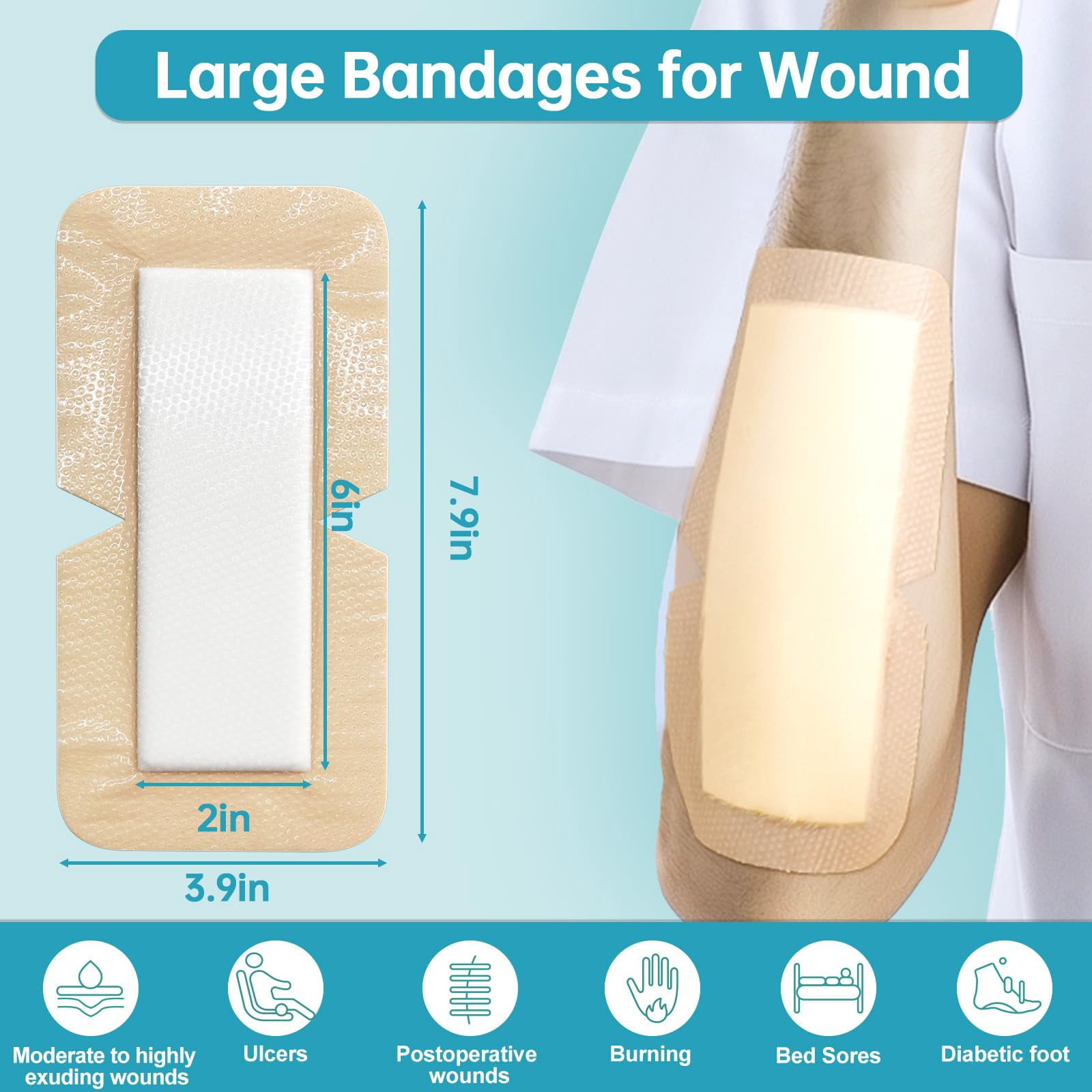 Dimora Silicone Foam Dressing with Border, 4" x 8", 10 Count, Adhesive Adhesive Wound Dressing for Minor Surgical Incisions, Large Bed Sores Bandage