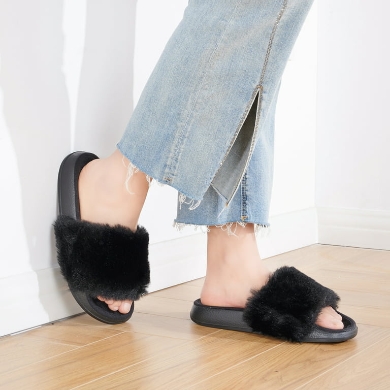 Women Slides Faux Fur Fuzzy Slippers Indoor Outdoor Non Slip Open Toe Flat Sandal Light Gray Size 5.5 US Walmart.com