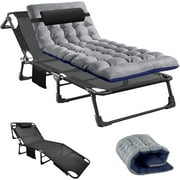 Slsy Folding Camping Cots for Adults, Adjustable 4-Position Reclining Folding Chaise with Mattress & Pillow, Portable Folding Lounge Chair Sleeping Cots Bed