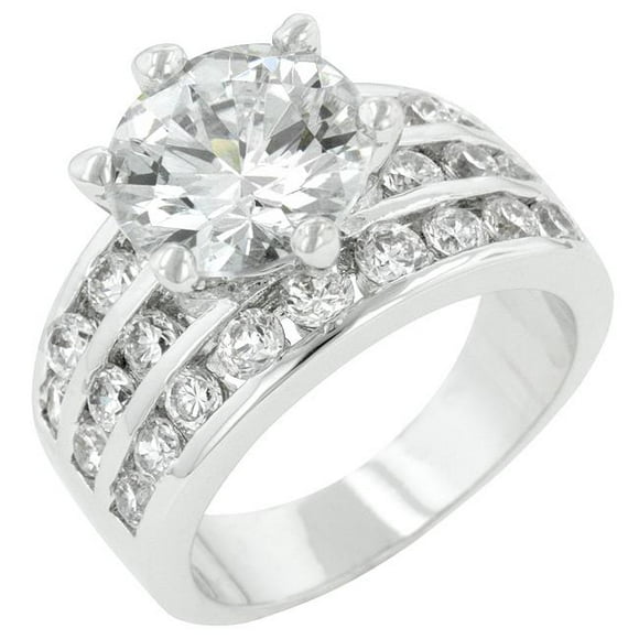 Bague de Fiançailles Ronde Classique CZ Plaquée Rhodium avec 4 Rangées d'Épaules en Argent - Taille 5