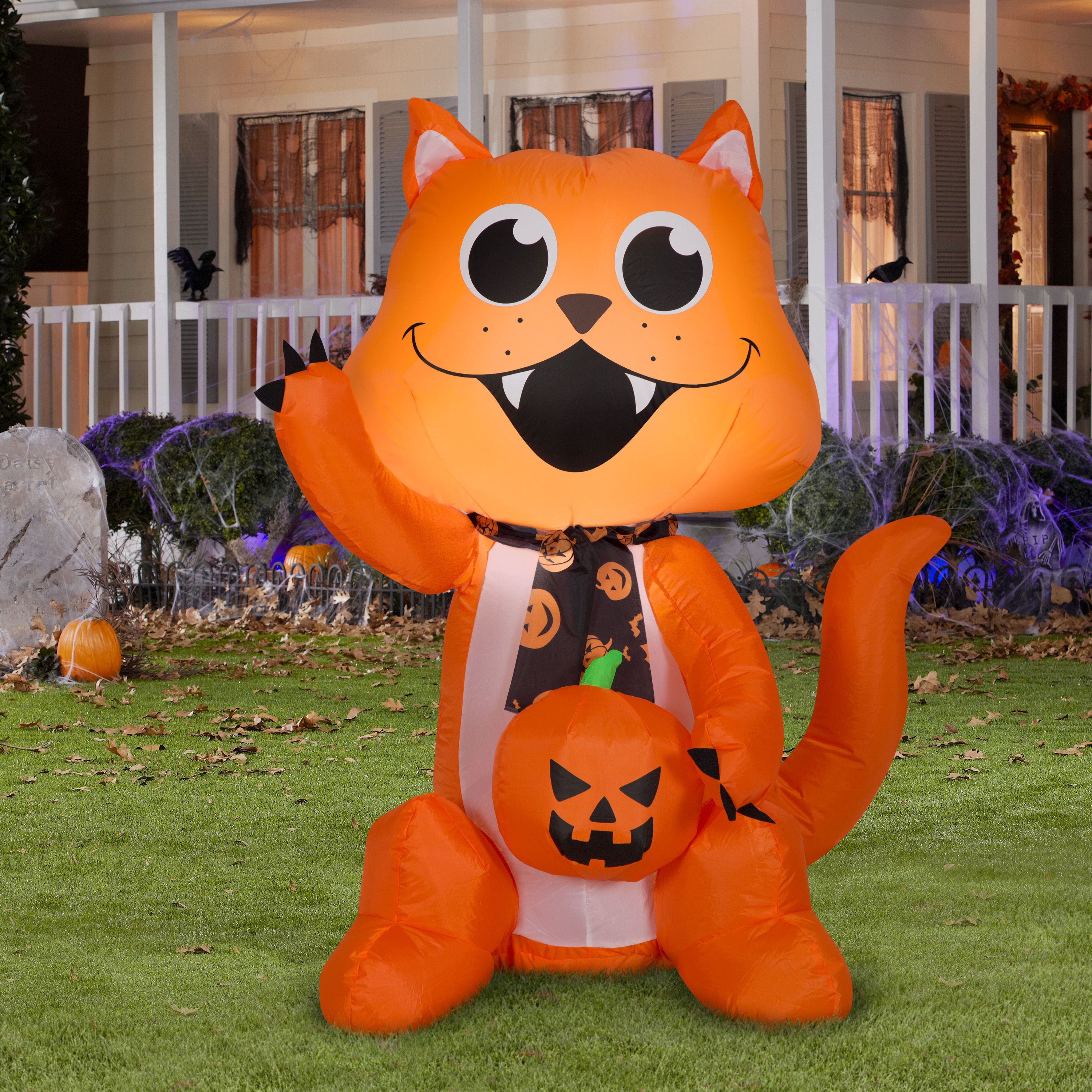Gemmy Airblown Big Eyed Cat w/Scarf and Pumpkin (WM), 3.5 ft Tall, orange