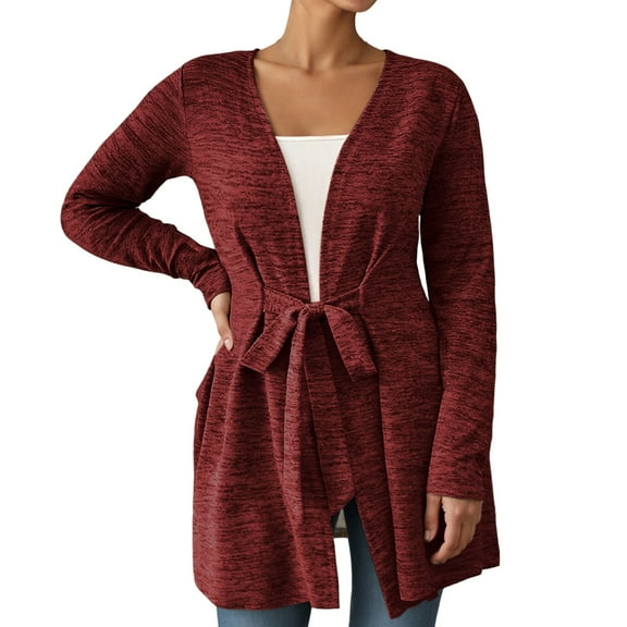 Arlun 2025 Fashion Belted Open Front Cardigans Long Sleeve Lightweight Layering Casual Lace up Cardigan V-Neck Long Sleeve Solid Color Soft Comfortable Long Cardigan Outwear XL