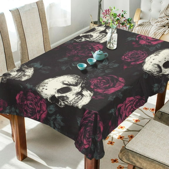 WOBOGO Skull Burgundy Roses Pattern Square Tablecloth 54×54in Polyester Fabric Tablecloth Washable Dust Resistant Wrinkle Resistant