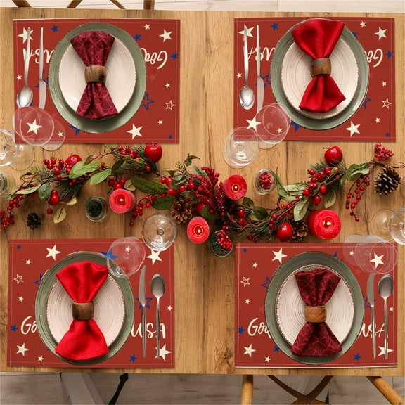 TOPRenddon 4th of July Placemats Set of 4, Strips Stars American Flag Patriotic Memorial Day Independence Day Kitchen Dining Table Mats for Farmhouse Coffee Holiday Indoor Party Decor