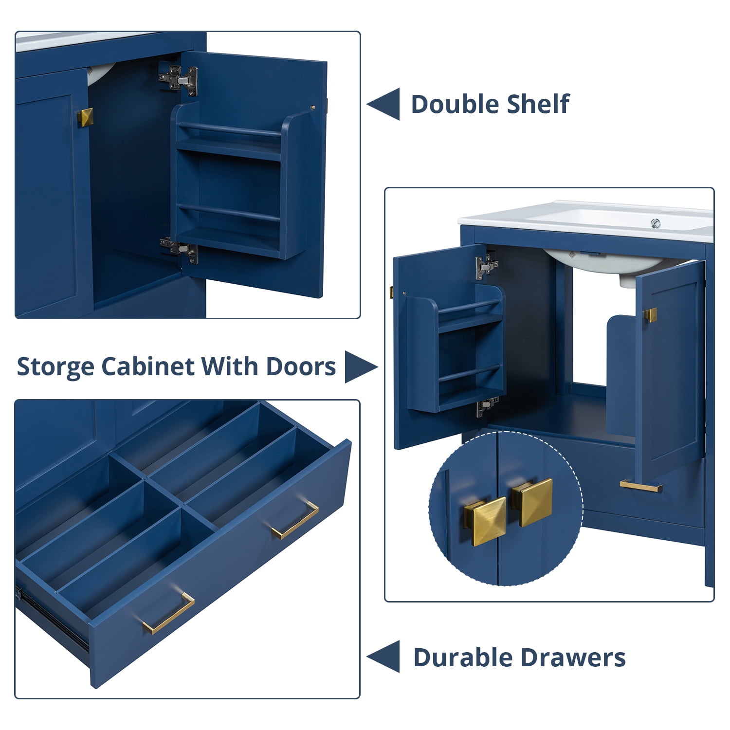 30" Bathroom Vanity with 1 Hole Ceramic Sink, Freestanding Single Basin Vanity Set with Drawer and 2 Doors, Solid Wood Frame, Dark Blue