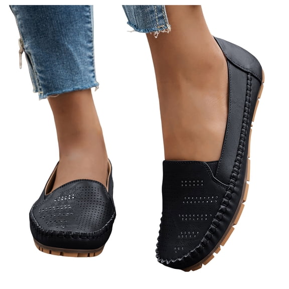 Rokment Women's Ballet Flat Walking Shoes Comfortable Leather Wide Width Slip-On Non Slip Work Driving Oxfords Dressy Casual Loafers Black Size 6