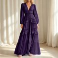 thumbnail image 2 of ZHOGXU Fashion Womens A Line Midi Dresses Solid Color V Neck Long Sleeve Regular Fit Weekend Outdoor Wear, 2 of 6