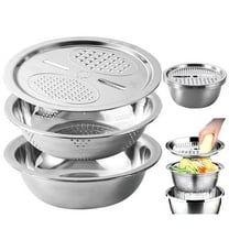 Multifunctional Stainless Steel Grater Basket Set | 3-in-1 Colander Strainer Mixing Bowl | Julienne Vegetable Slicer, Cheese Shredder, Rice Washing Bowl, Durable 11in, Space-Saving, Kitchen