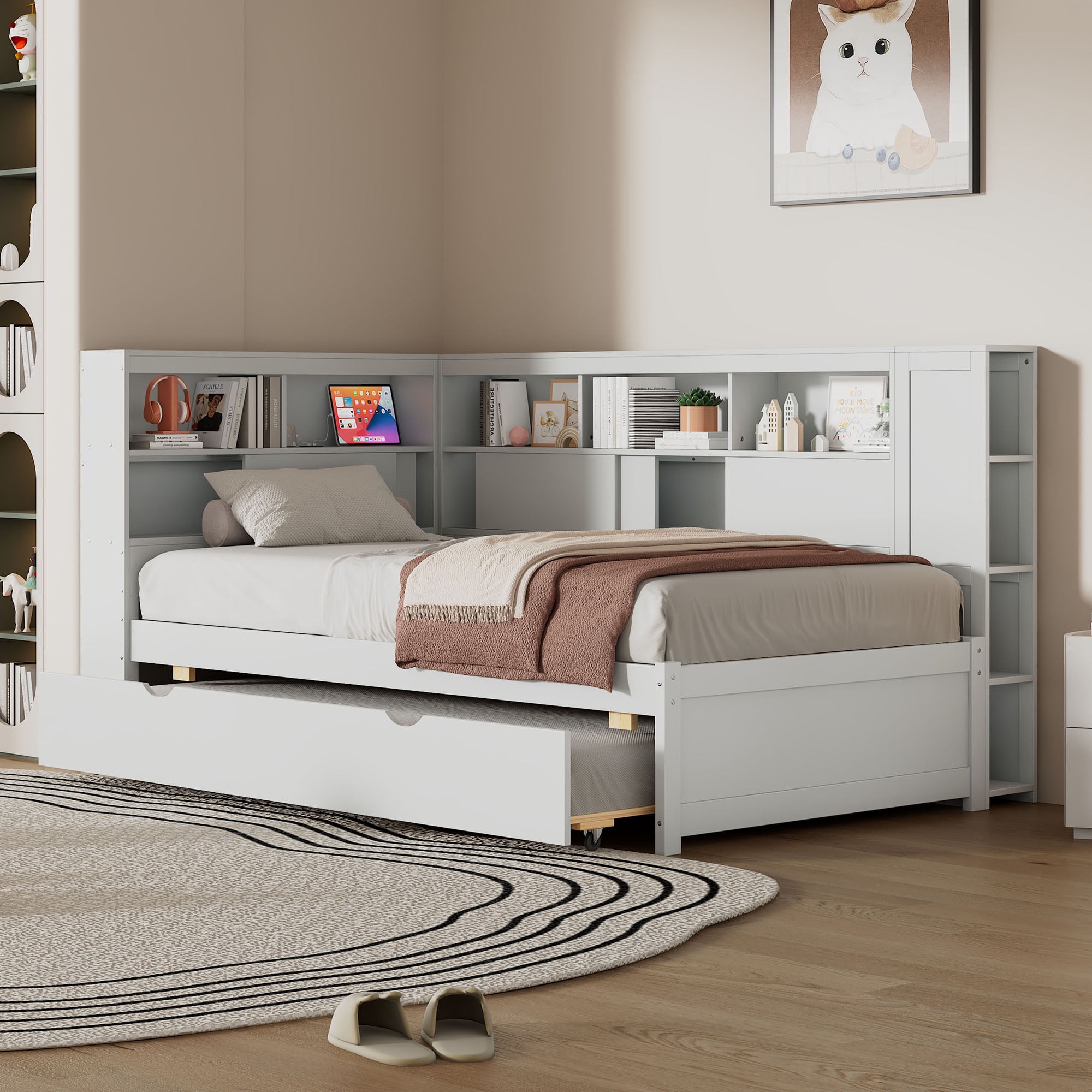 Euroco Wood Twin Daybed with Trundle, Shelves, and USB Charging Station in White