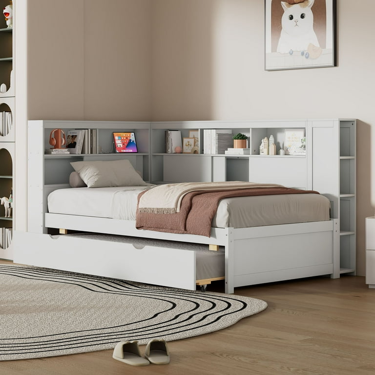 Euroco Wood Twin Daybed with Trundle, Shelves, and USB Charging
