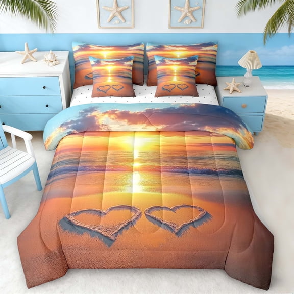 Manfei Beach Double Heart Sunset Wave Twin Bedding Sets for Kids Boys and Girls, Romantic Coastal Print Bedding Comforter Set, Reversible 7pcs