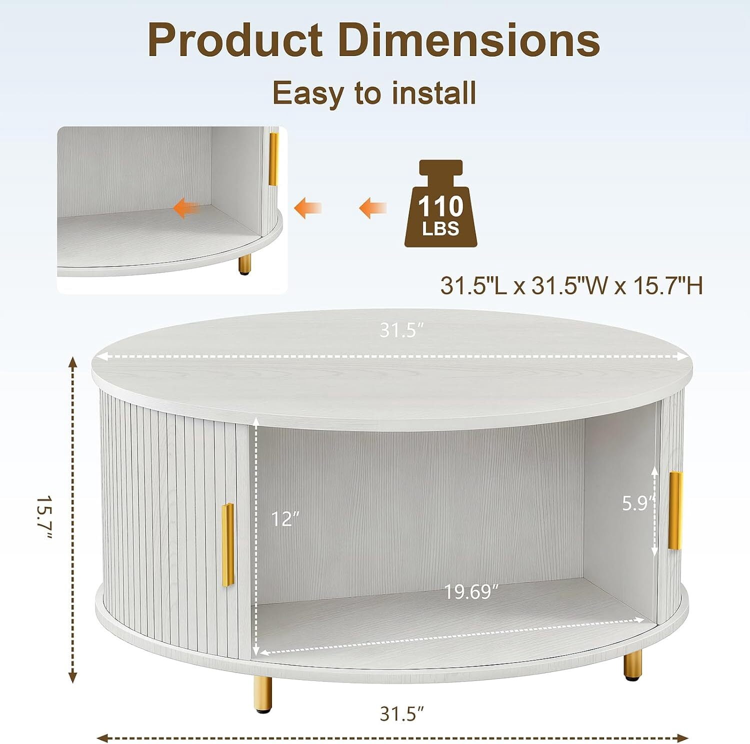 avobird 31.5" Round Coffee Table with Storage, Fluted Wood Accent Center Table with 360° Curved Sliding Door & Adjustable Footpads for Living Room, White