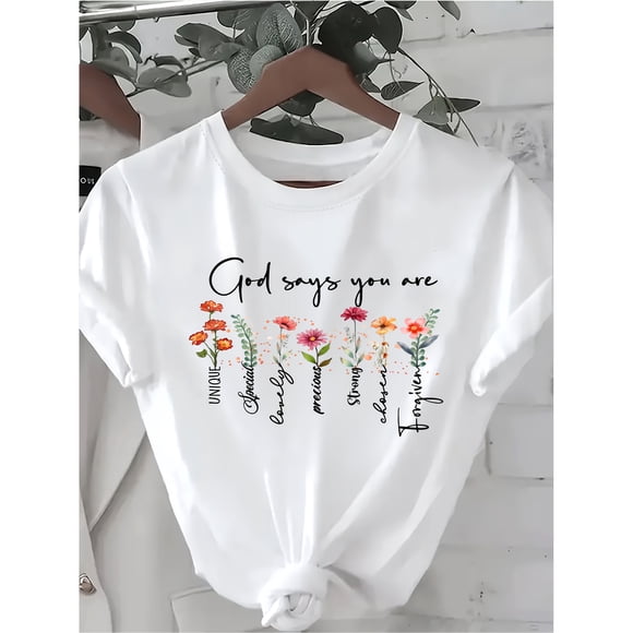 Camiseta de cuello redondo con estampado floral de Dios que dice que eres cristiano, una camiseta casual de manga corta para primavera y verano, ropa de mujer