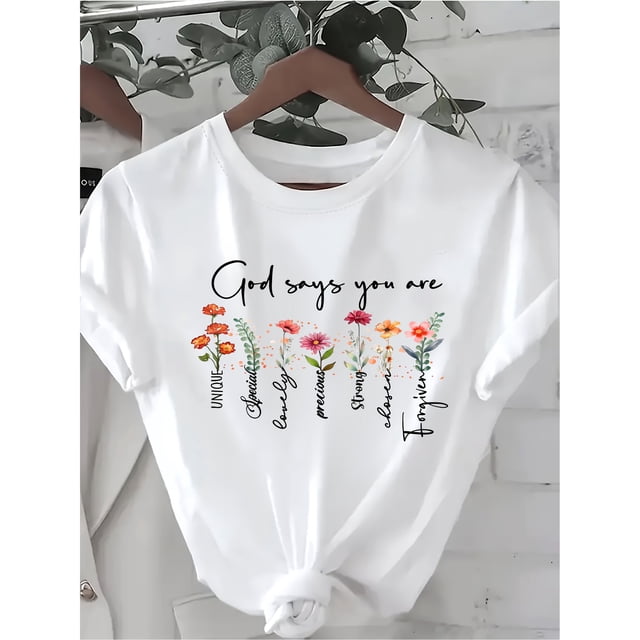 Camiseta de cuello redondo con estampado floral de Dios que dice que eres cristiano, una camiseta casual de manga corta para primavera y verano, ropa de mujer