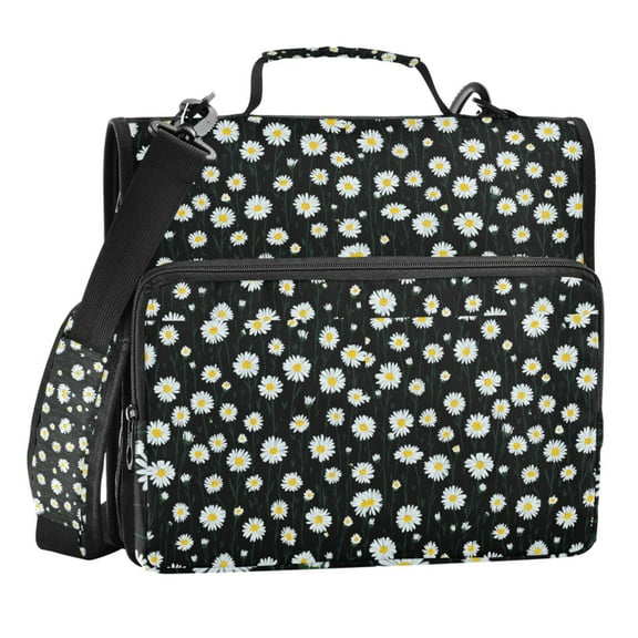 Zipper Binder Daisy Black Background 1.5 Inch Binder Folder Bag with Shoulder Strap and Handle