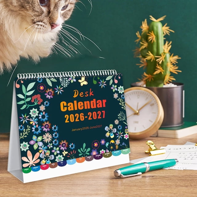 Calendario de Escritorio 2026-2027, 18 Meses, Adorno, Calendario de Pie con Solapas, para Oficina En Casa, Festivos de Ee. Uu.