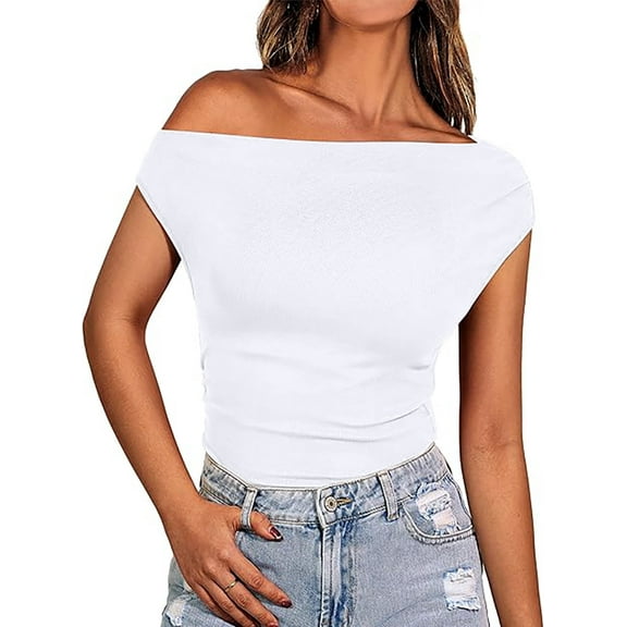 Ladybranch Womens White Off The Shoulder Tops Summer Going Out Tank Top Ribbed Knit Camisole Tops Cute Sleeveless T Shirt(Medium,Pure White)