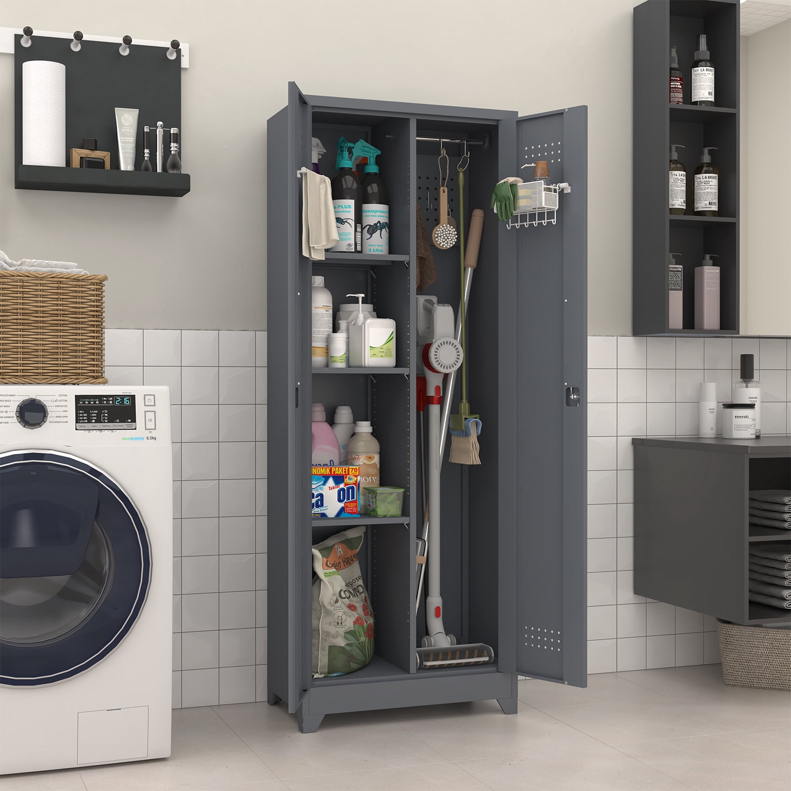 Marcree Broom Closet Storage Cabinet,Cleaning Supply Storage Cabinet,Metal Cleaning Closet Cabinet with Adjustable Shelves for Laundry Room Basement
