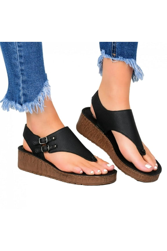 UTTOASFAY Summer Casual Hollow Split-Toe Women's Herringbone Wedge Sandals Black 7(37)