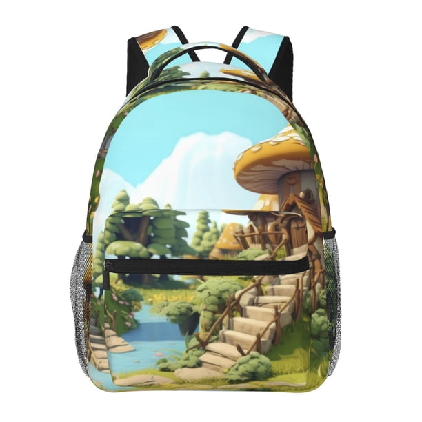 Easygdp Cartoon Mushroom House Mochila Ergonómica Versátil para Laptop - Múltiples Bolsillos, Correas Ajustables, Unisex para Escuela, Viajes y Actividades al Aire Libre-One Size