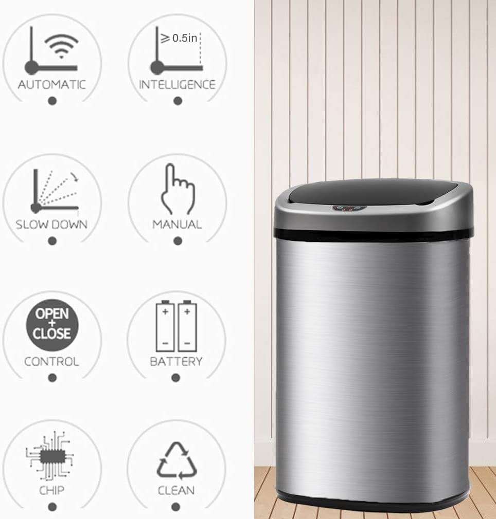 Dkelincs Automatic 13 Gallon Kitchen Can Stainless Steel Touch Free Trash Can with Lid Waste Bin for Kitchen Bathroom Bedroom Office, Powered by 4x C Batteries Trash Can