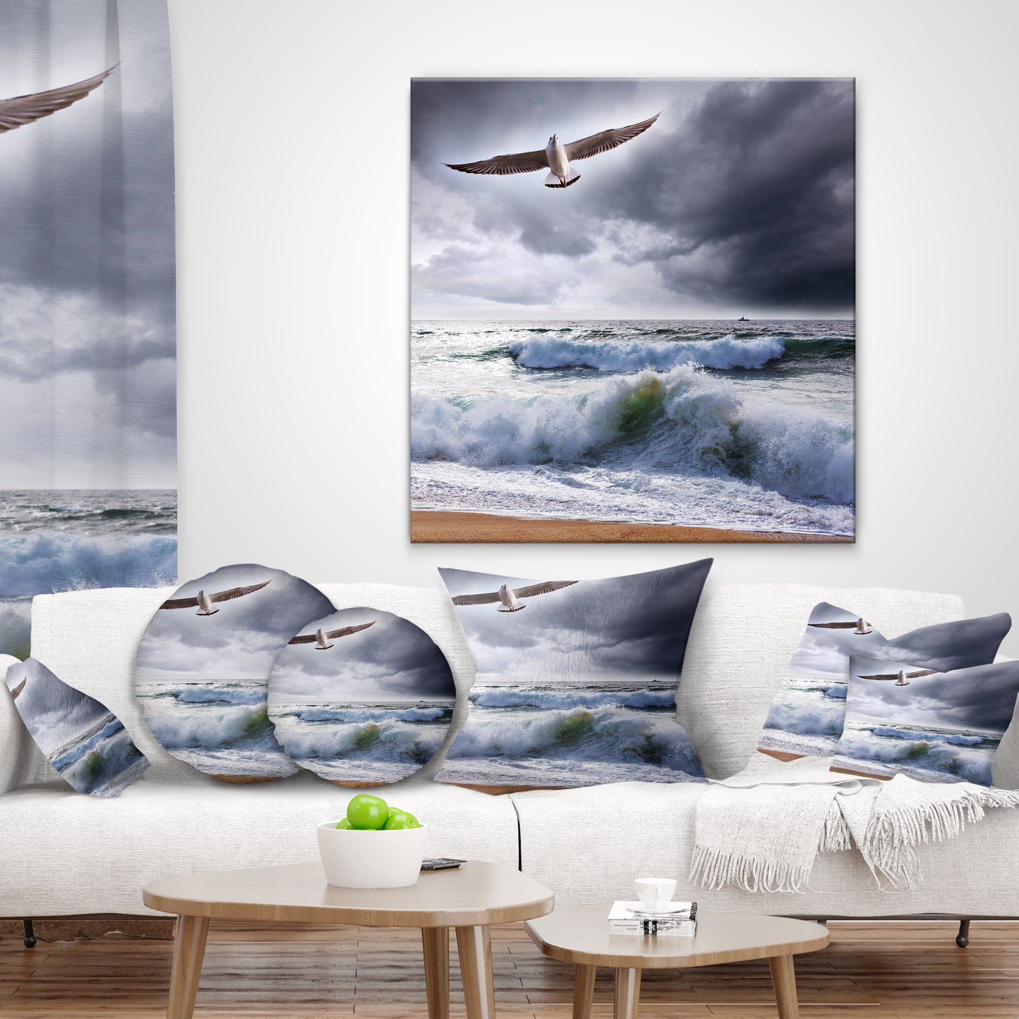 Designart Large Seagull over Stormy Waves - Modern Beach Throw Pillow - 12x20