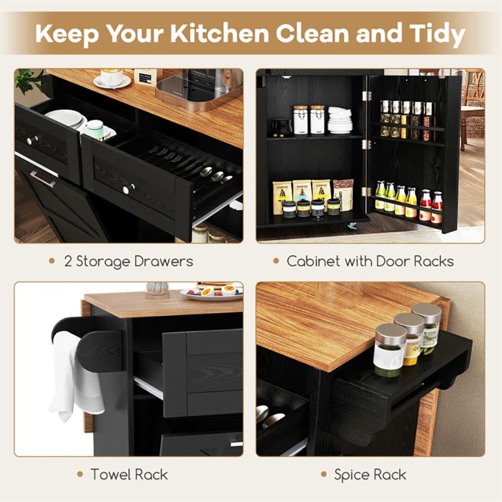 Resenkos Kitchen Cart, Kitchen Island Cart,Rolling Kitchen Island with Trash Can Cabinet and Rubber Universal Wheels-Black