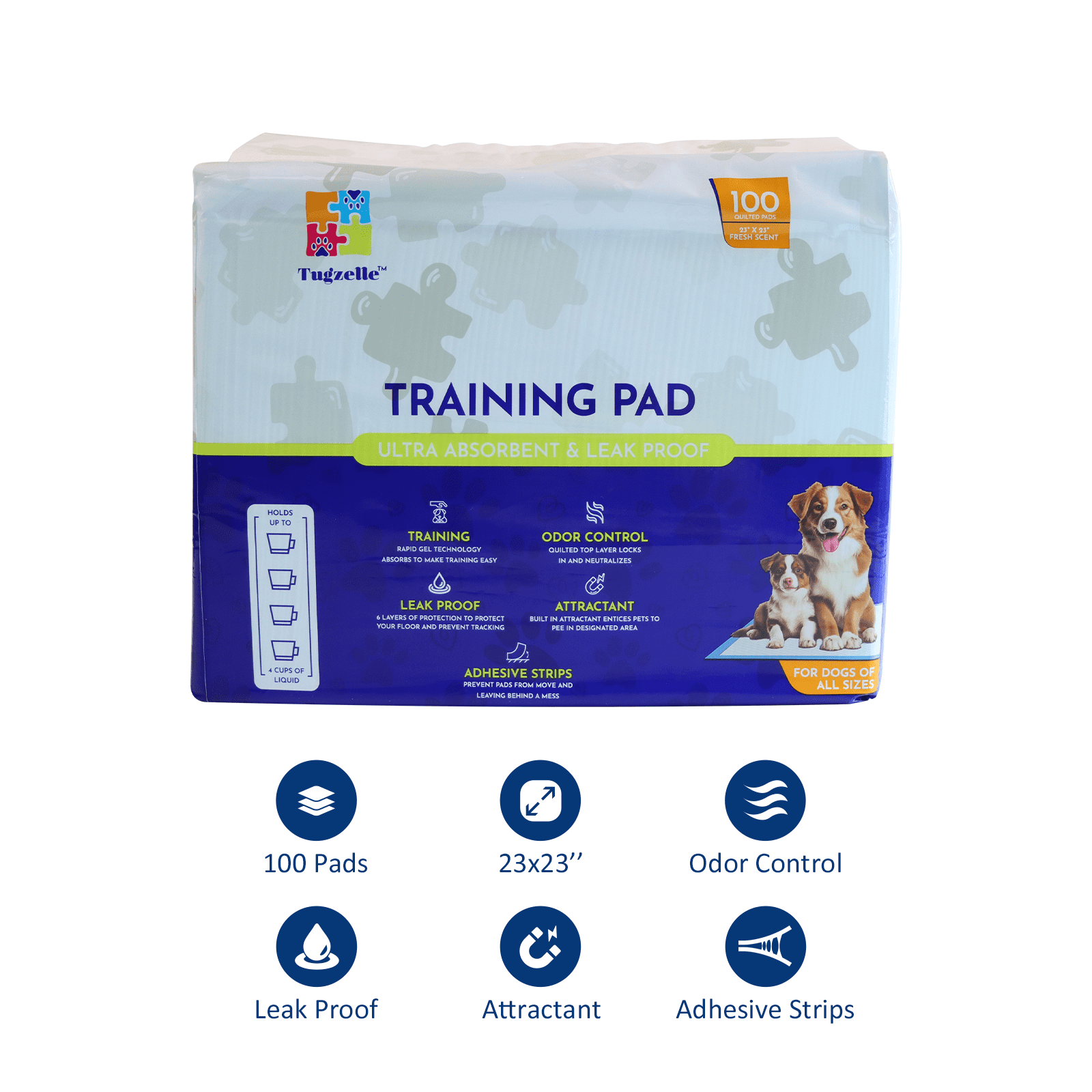 Tugzelle Dog Training Pads, 23"x23", 100 Ct, Fresh Scent, Fast Absorbent