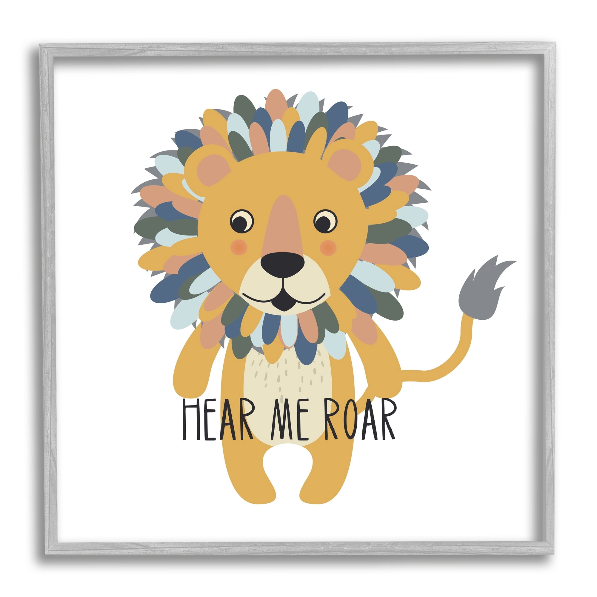 Stupell Industries Hear Me Roar Smiling Lion Fluffy Teal Mane Framed Wall Art, 12 x 12, Design by Linda Birtel