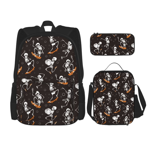 Easygdp Jumping Skull Mochila para Niños y Niñas con Set de Caja de Almuerzo y Estuche para Lápices 3 en 1, Mochila Escolar Estampada para Adolescentes