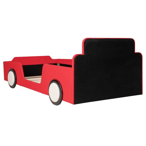 Twin Size Race Car Shaped Platform Bed with Wheels and Safety Rails, Red