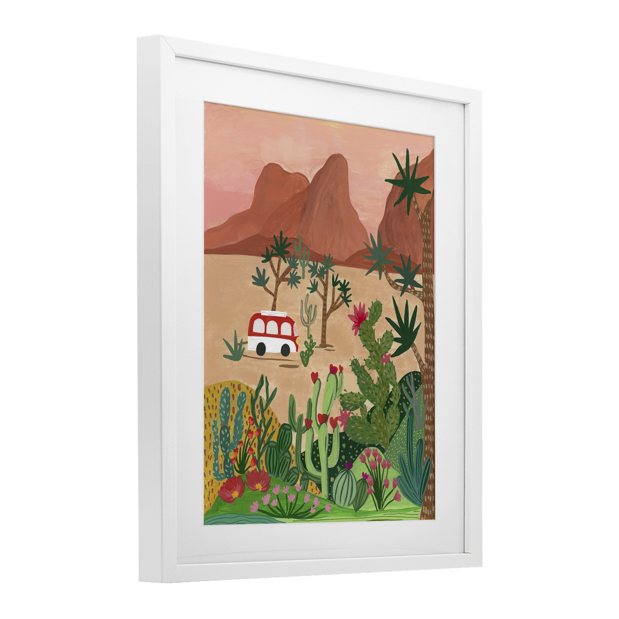 Desert Camper & Cacti White Framed Print Under Glass, design by Nabeela Rumi
