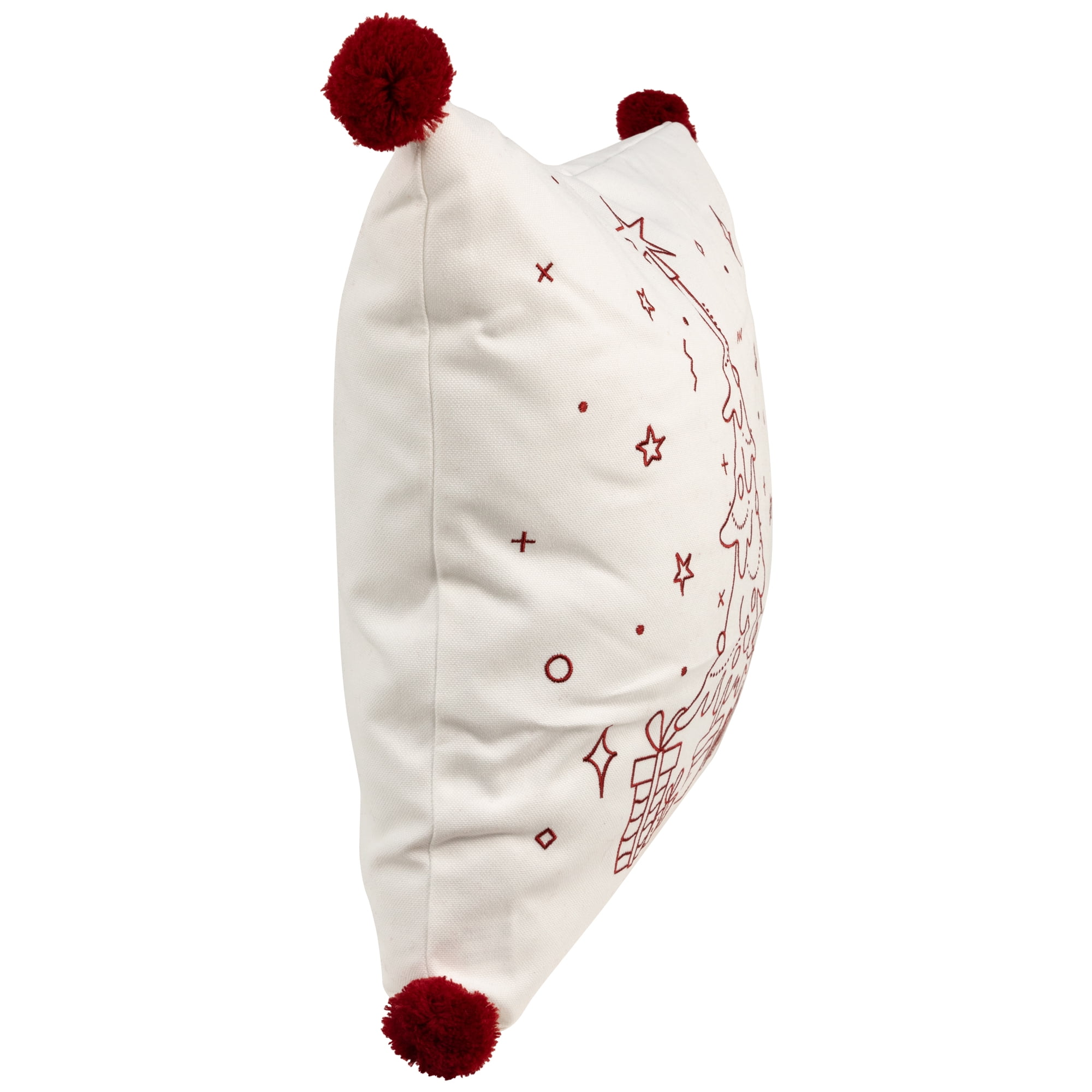 16" White and Red Christmas Tree Embroidered Square Throw Pillow with PomPoms