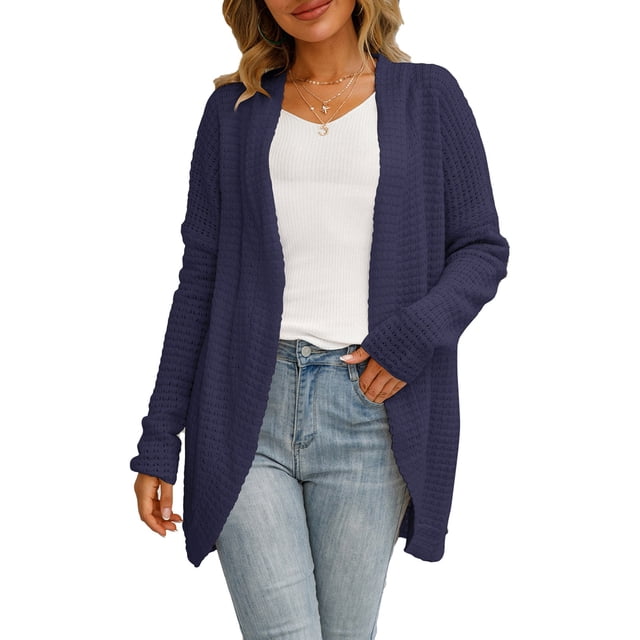 Mujeres con capucha suéter abrigo moda abierto frente irregular tejer color puro mujeres casual cardigan para Otoño Invierno mujeres azul marino M