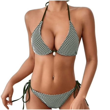 Oplxuo Women s Sexy Fisnet Halter String Triangle Bikini Sets Tie Side Thong Swimsuits Cheeky Two Piece Bathing Suit