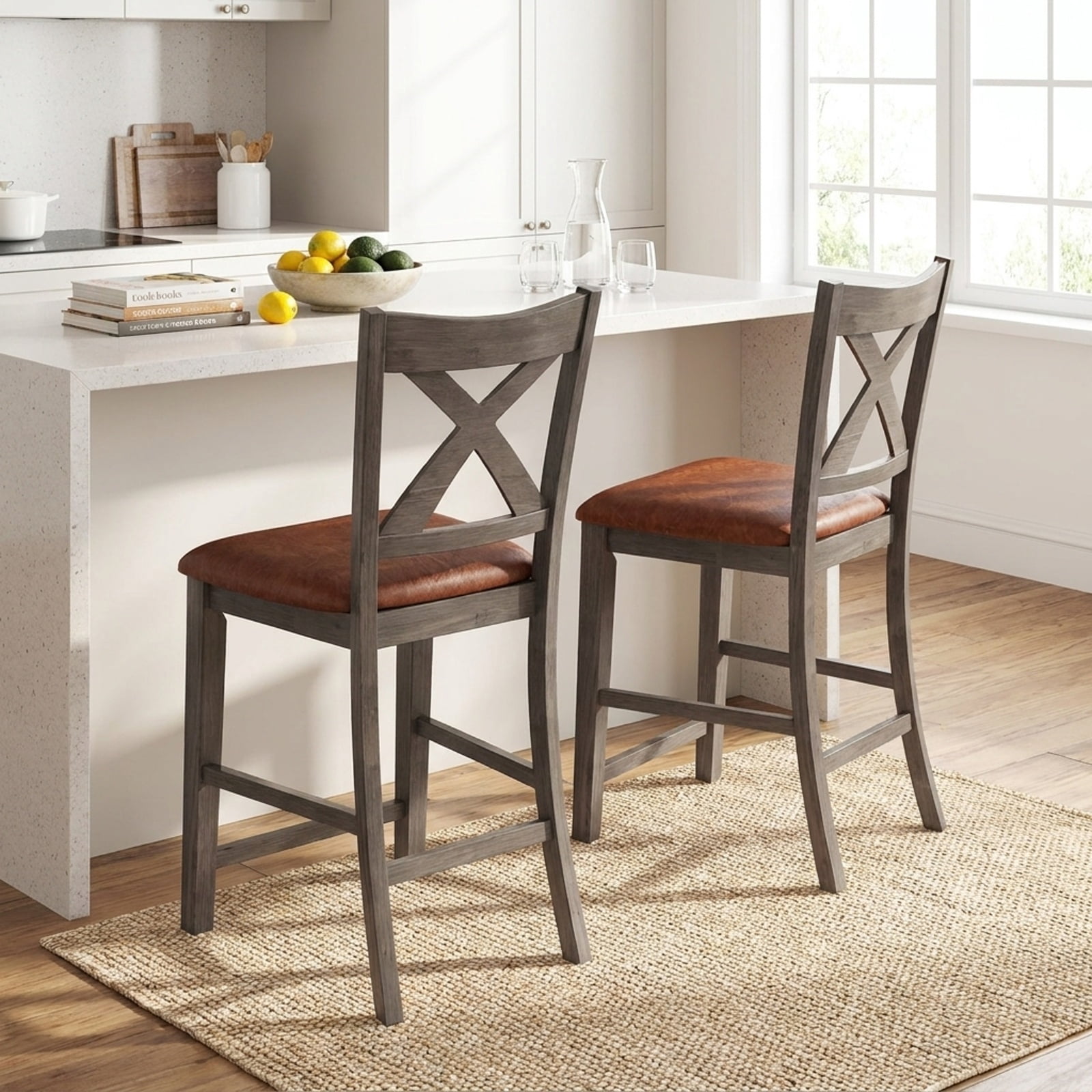 Furnibear Bar Stools Set of 2 with Cross Back and Faux Leather Upholstered Seat