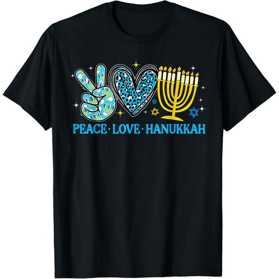 Peace Love Hanukkah Leopard Heart Hanukkah Menorah Jewish T-ShirtMen and women, Black T-shirt, size: Extra large