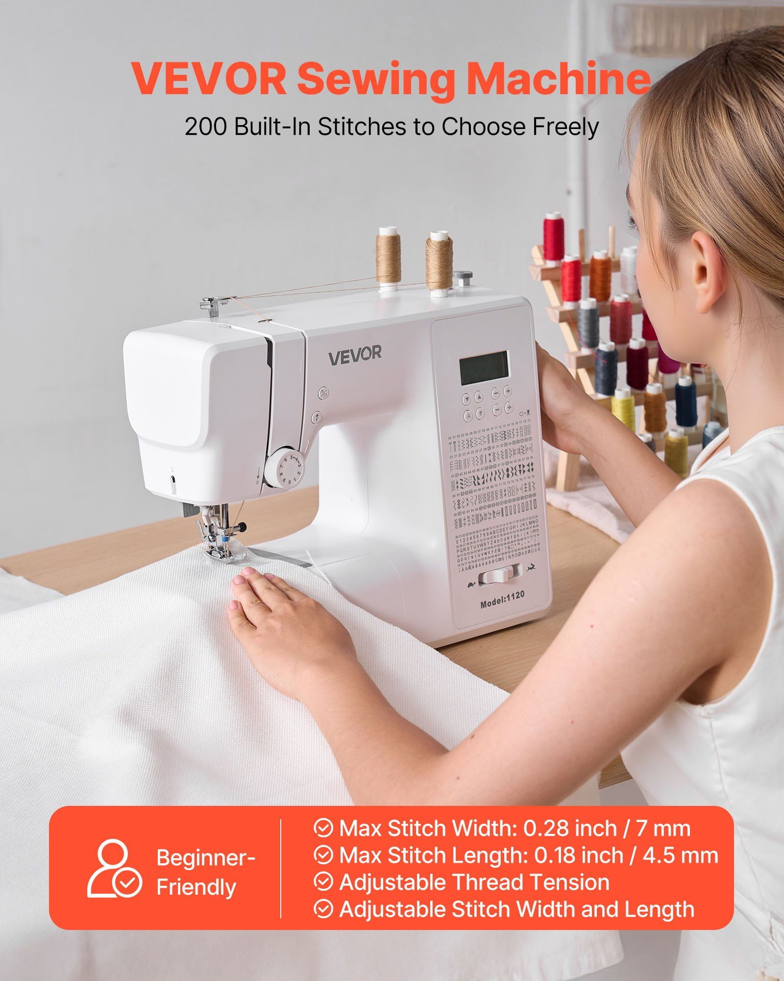 Computerized Sewing Machine, 200 Stitch Applications, with LCD Screen, Foot Pedal and LED Light, Heavy-Duty Metal Frame, Digital Sewing Machine with Powerful Motor for Crafts and Mending