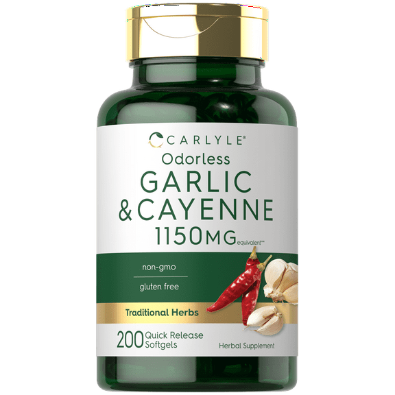 Odorless Garlic and Cayenne 1150mg | 200 Softgels | Non-GMO, Gluten Free | by Carlyle