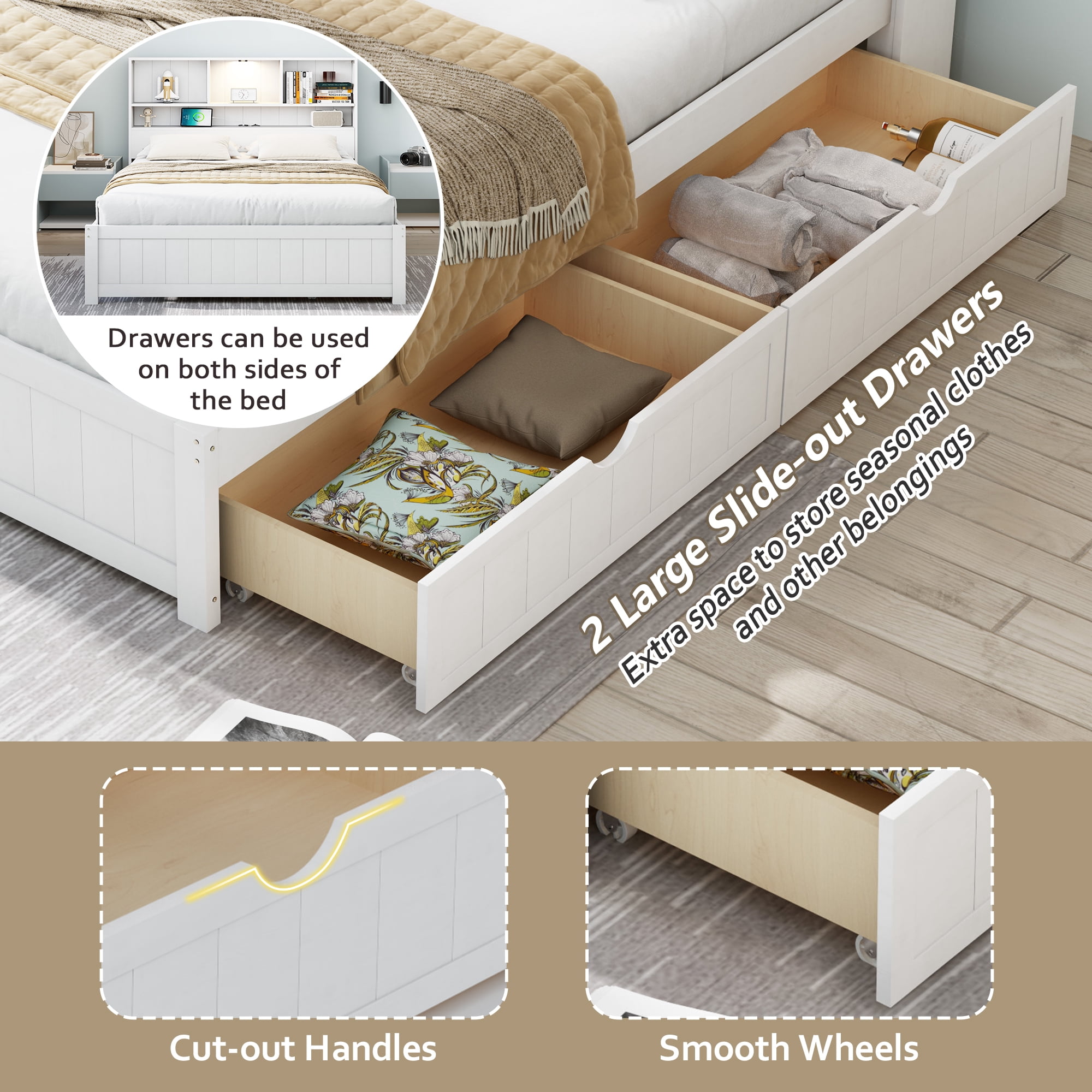 Euroco Wood Twin Size Platform Bed with Storage Headboard and Drawers, LED Light and USB Charging, White