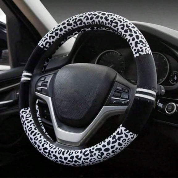 Leopard Print Short Plush Steering Wheel Cover Universal 14.5-15 Inch Soft Anti-Slip Car SUV Truck Accessory White Black