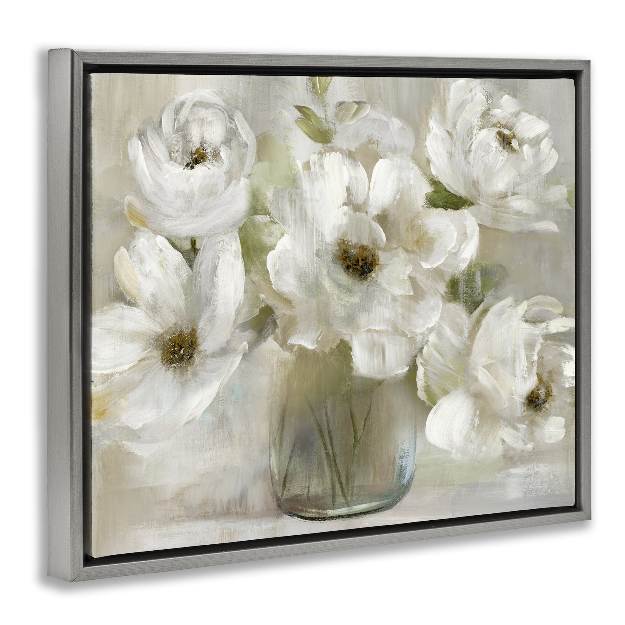 Stupell Industries Gentle White Petals in Vase Gray Framed Floater Canvas Wall Art, design by Nan
