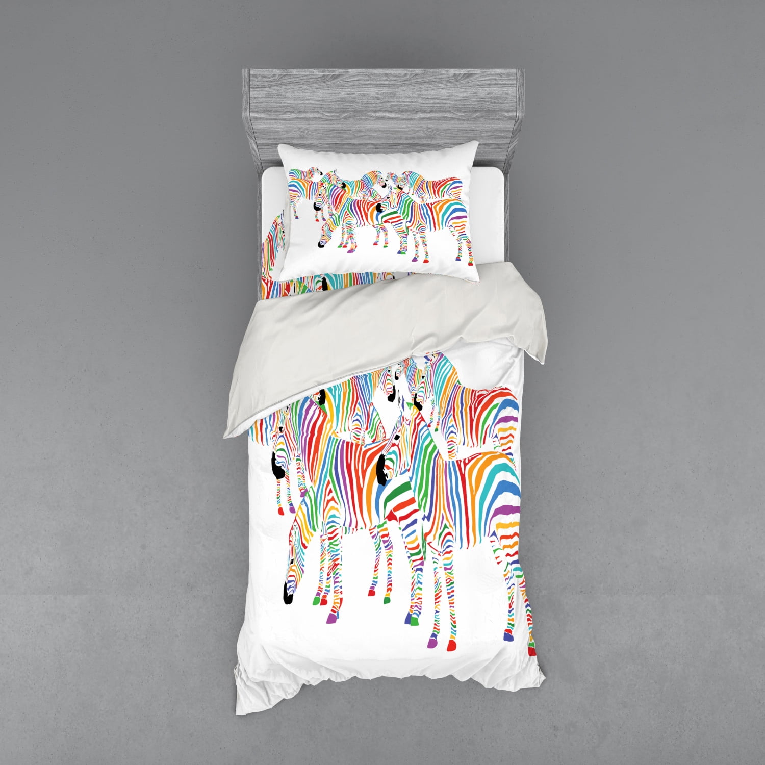 Funny Duvet Cover Set, Colorful Animal Herd with Rainbow Stripes