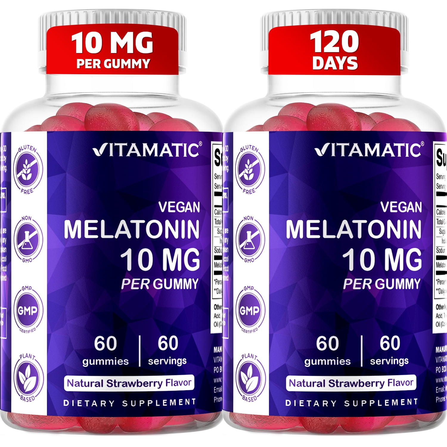 2 Pack - Vitamatic Melatonin 10mg per Gummy - 60 Servings - 60 Vegetarian Gummies - Non-Habit Forming Sleep Aid Supplement
