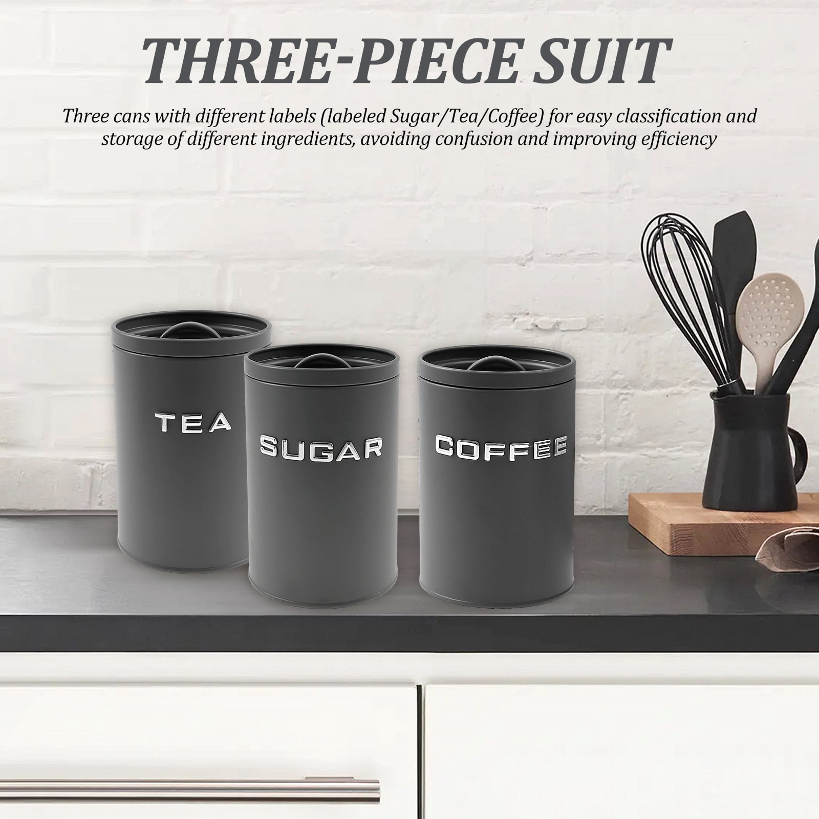 3 Pack Kitchen Canisters with Lids Airtight Metal Canister Set, Food Storage Containers Jars for Coffee, Sugar, Tea, Flour, Rustic Kitchen Decor Containers